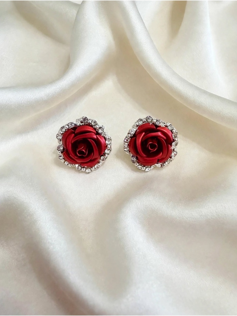 Red Rose Crystal Halo Stud /clip Earrings - Women Jewelry